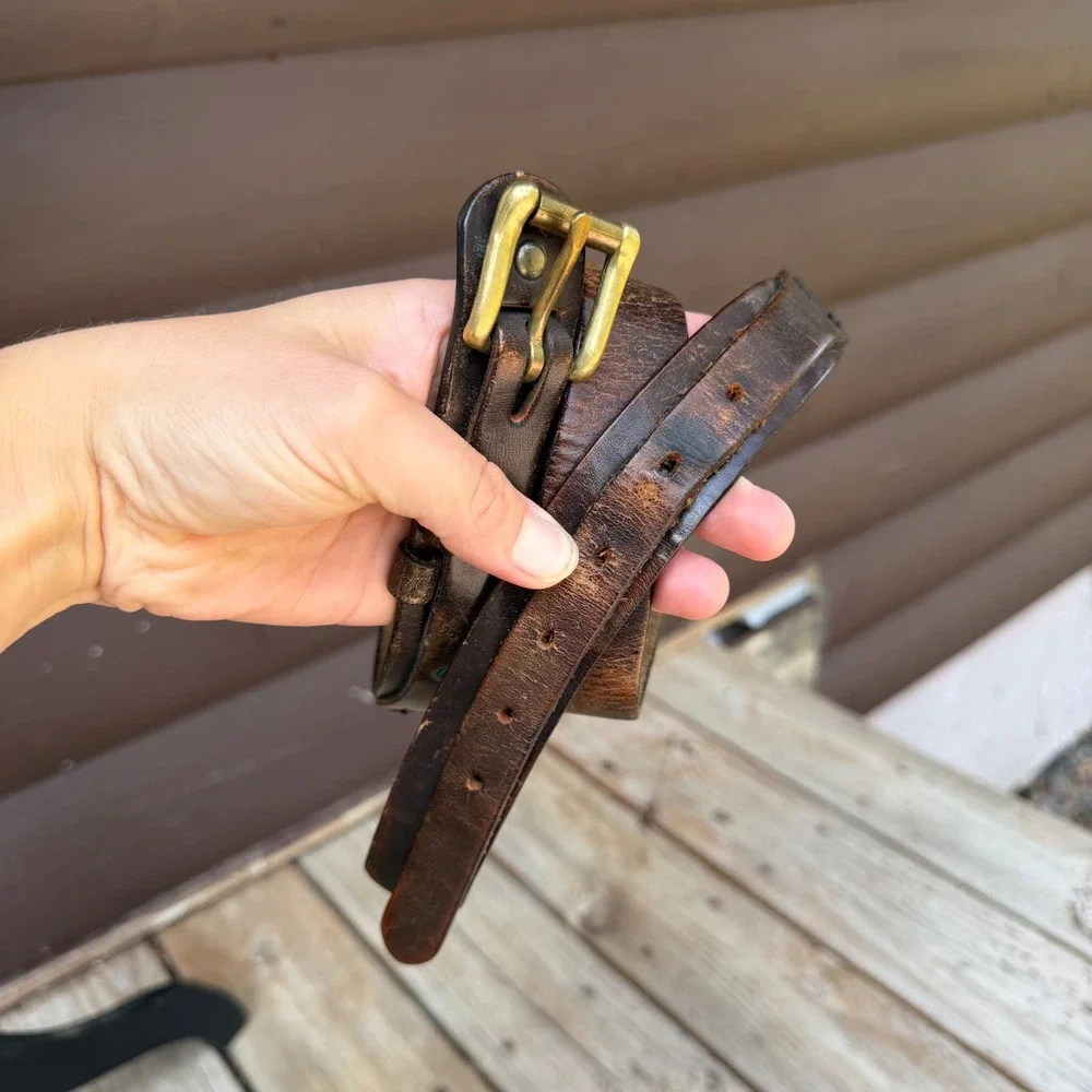 Vintage Distressed Leather Double Strap Belt Unisex Brown Brass Hardware 33-39